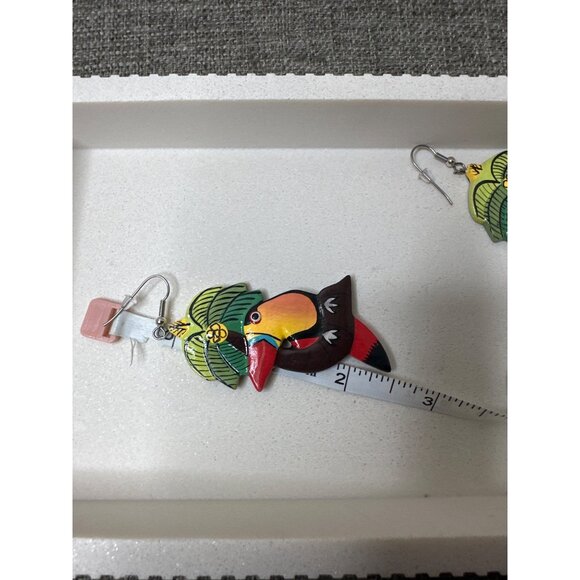 Colorful Handcrafted Wooden Toucan Tropical Earrings w/ Metal Hooks Lightweight - Picture 3 of 3